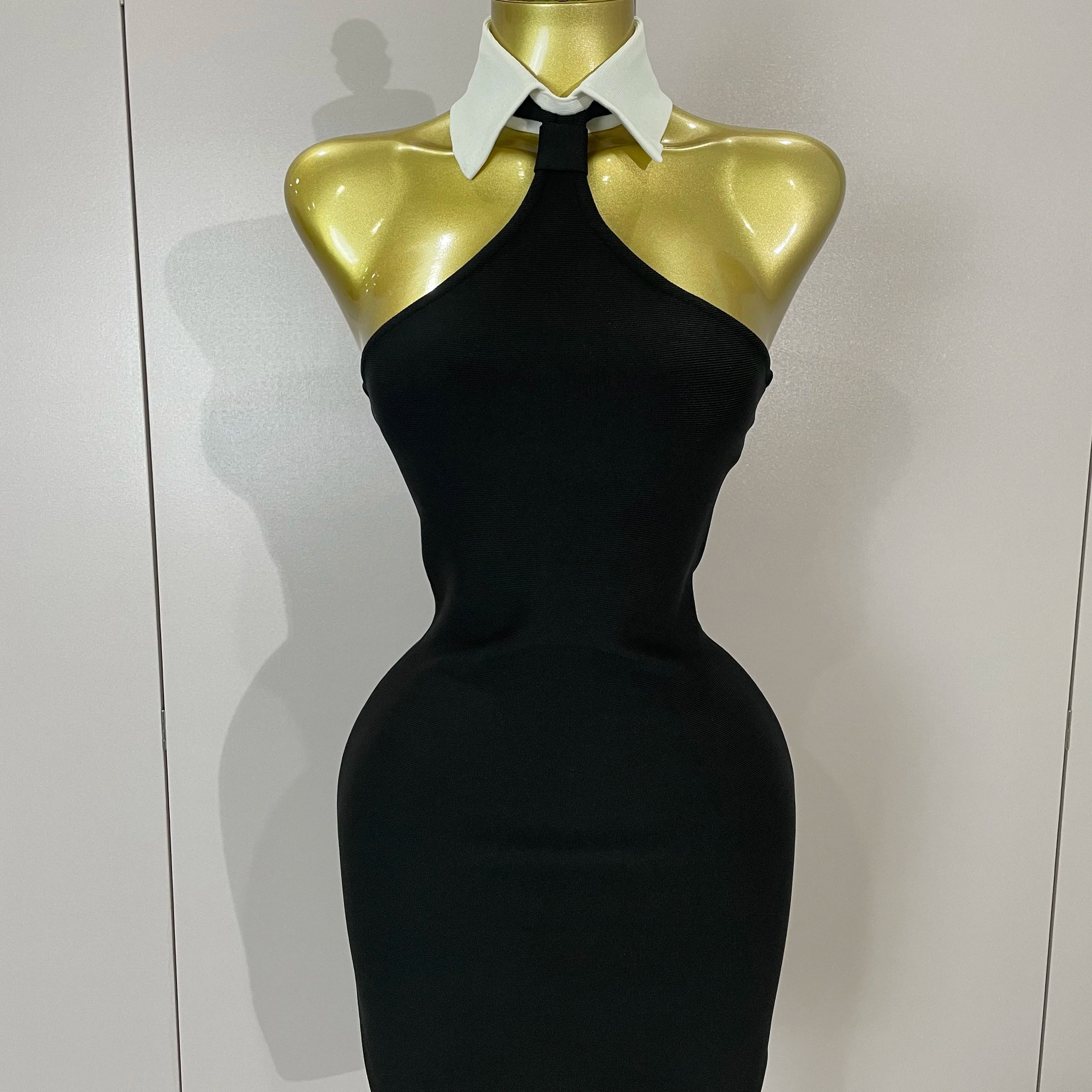 Sexy Backless White Shirt Collar Black Mini Bodycon Bandage Dress 2025 Women Elegant Evening Club Party Luxury Birthday Dresses black