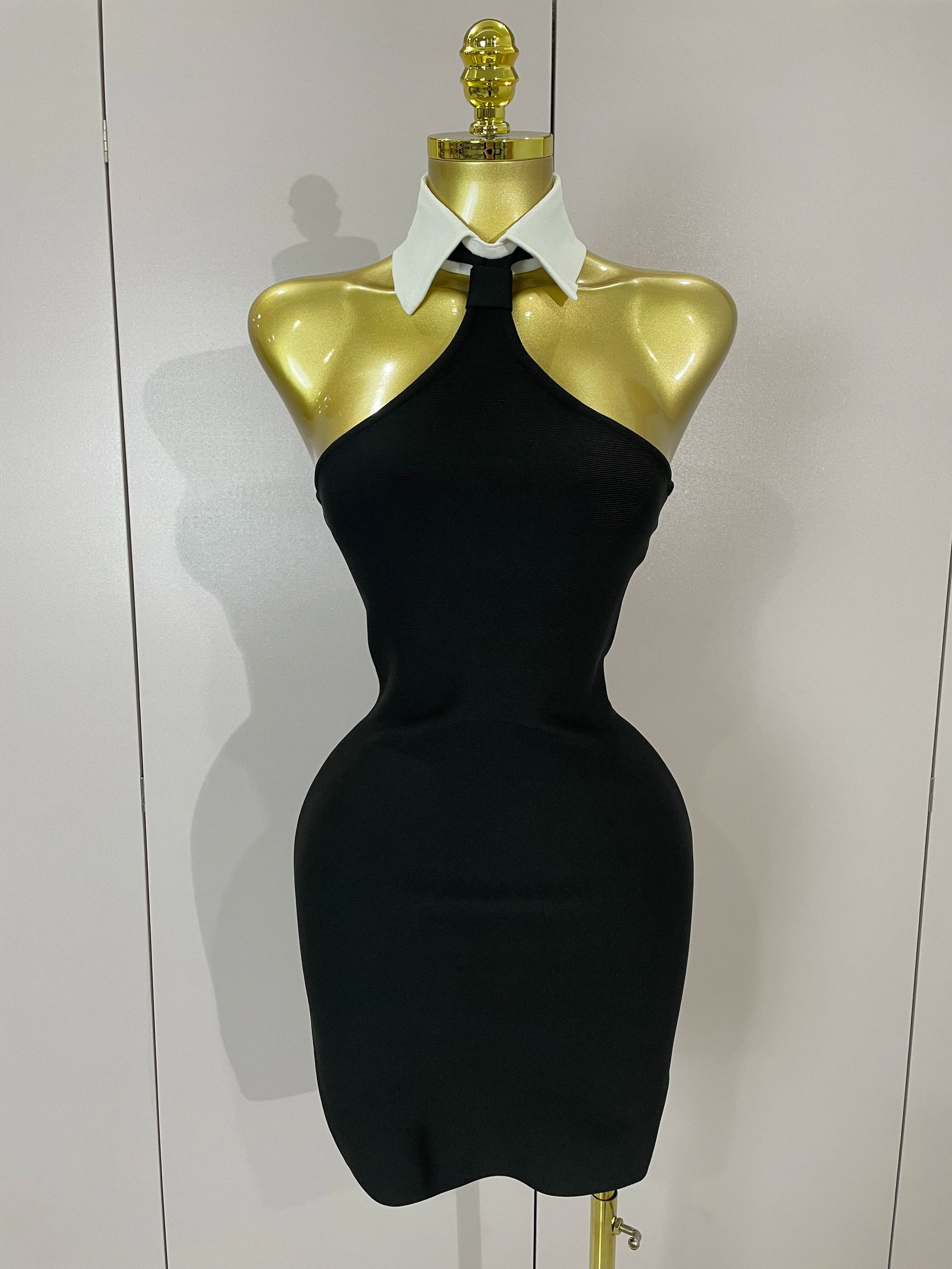 Sexy Backless White Shirt Collar Black Mini Bodycon Bandage Dress 2025 Women Elegant Evening Club Party Luxury Birthday Dresses black