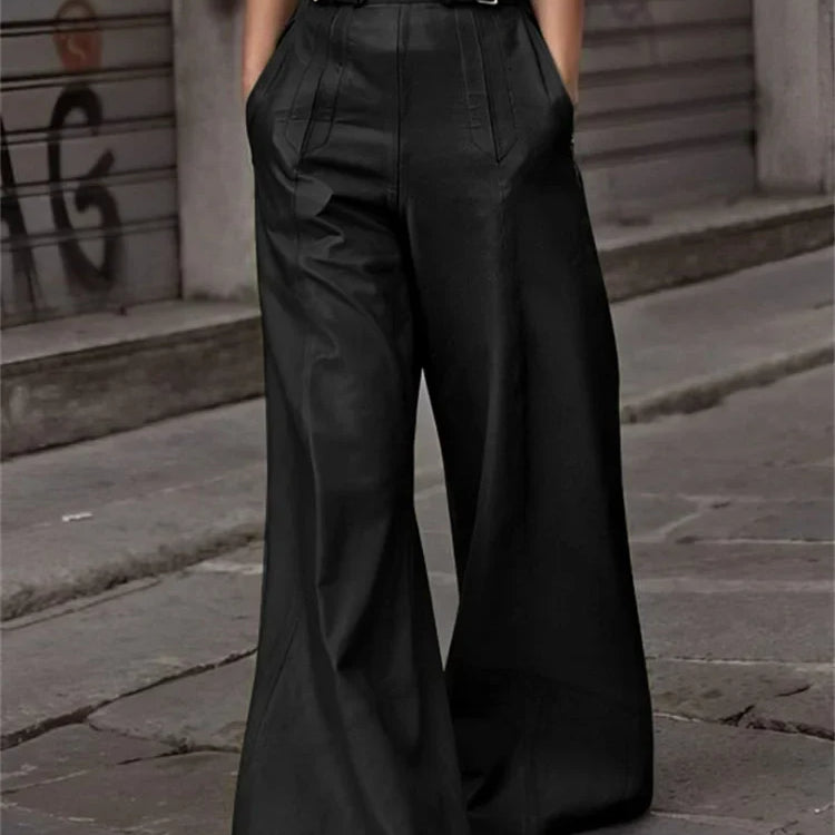 Modigirl Autumn Winter Women's Faux Pu Long Pants High Waisted Loose Pleated Pockets Streetwear Female Wide Leg Trousers Black