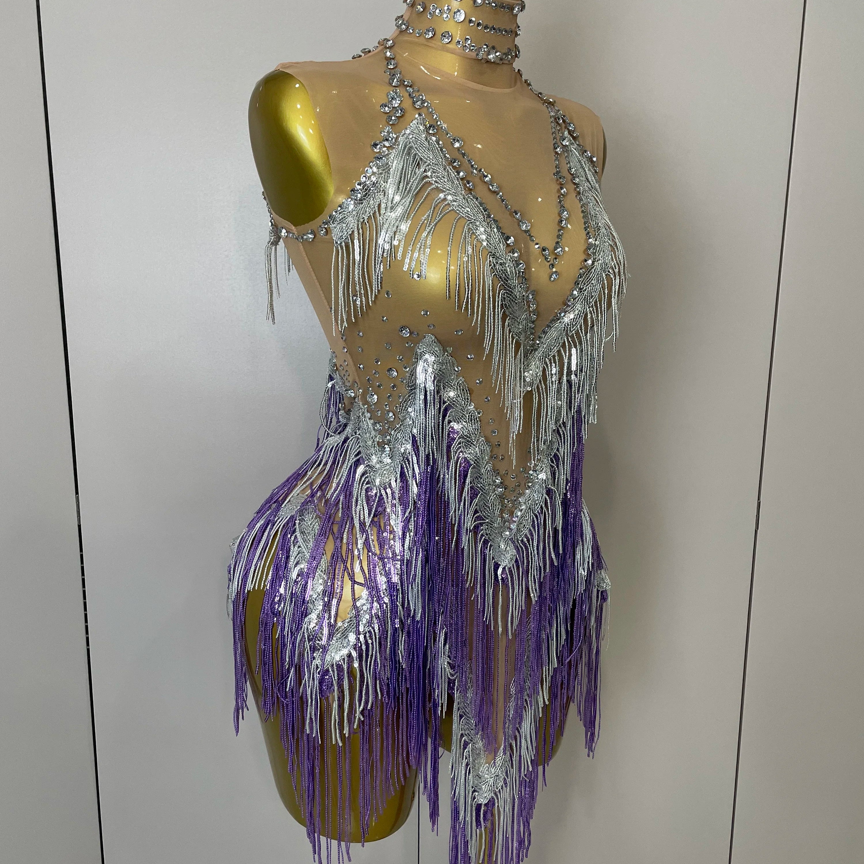 Stock 2025 Women Sexy Stretch Mesh Sparkly Rhinestone Tassels Mini Dress Nightclub Singer Dance Stage Costume Evening Gowns