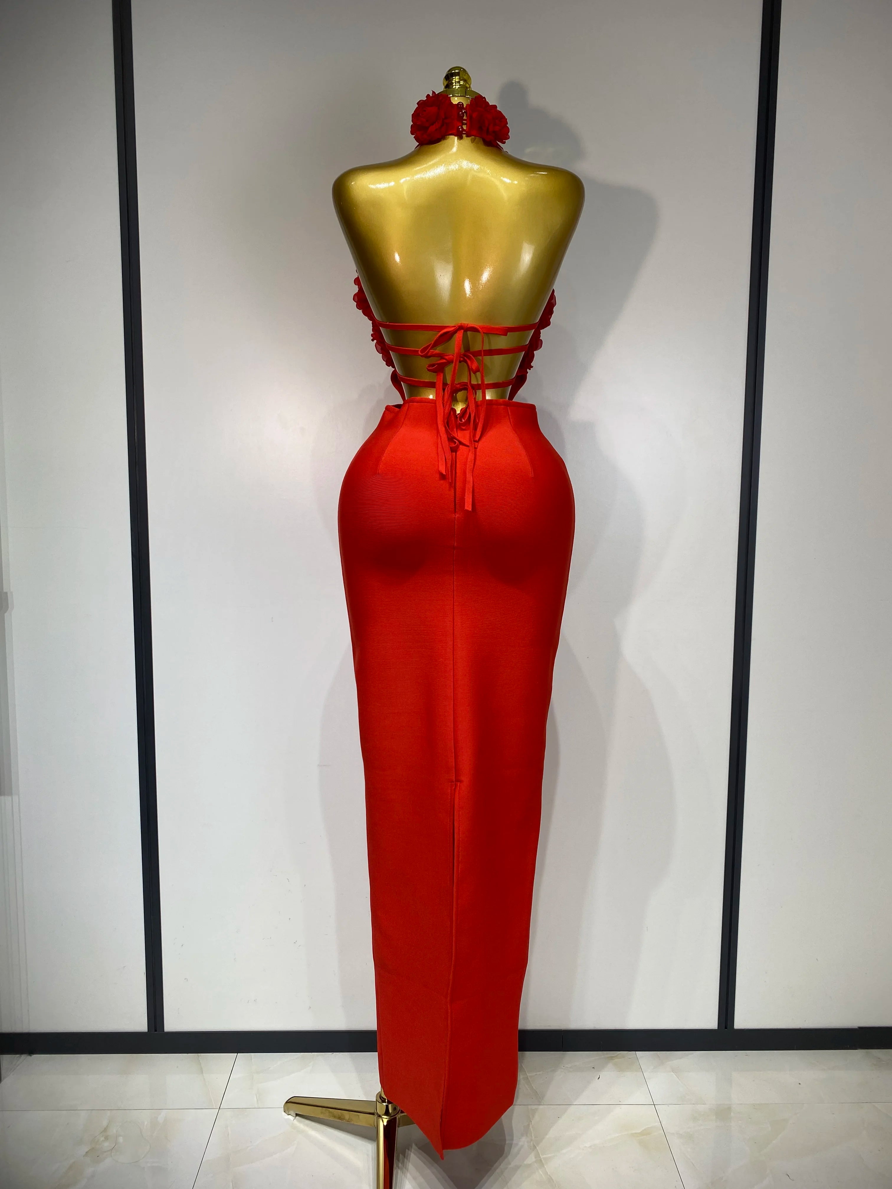 2025 New Women Sexy Halter Hollow Out Flowers Bodycon Bandage Dress Red Backless Elegant Party Luxury Birthday Wedding Dresses