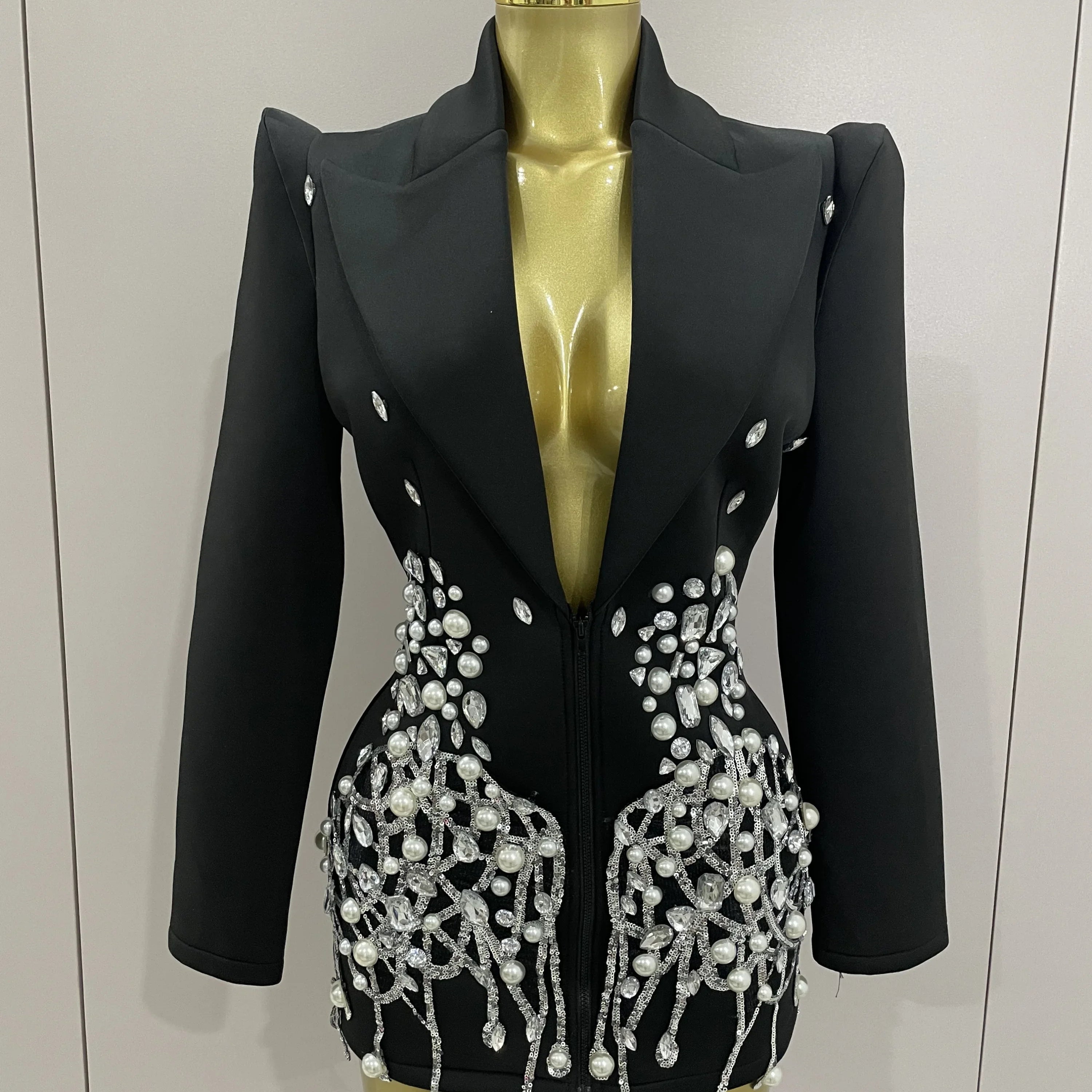 Sparkly Crystal Chains Pearls Long Sleeve Mini Dress 2025 Women Birthday Evening Party Nightclub Outfit Singer Wedding Costume Silver