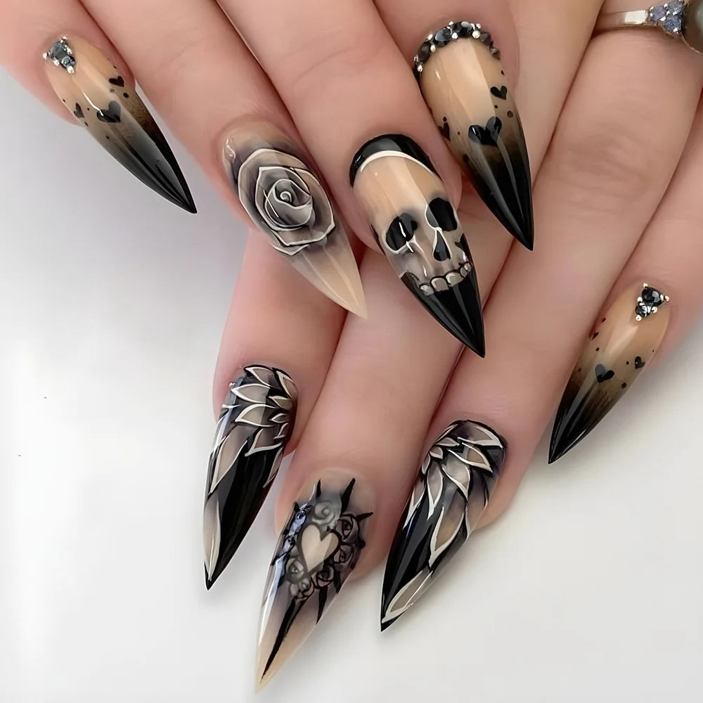 24pcs Black Bat Printed Fake Nails Halloween White Ghost Pattern False Nails for Women Wearable European Almond Press on Nails 5