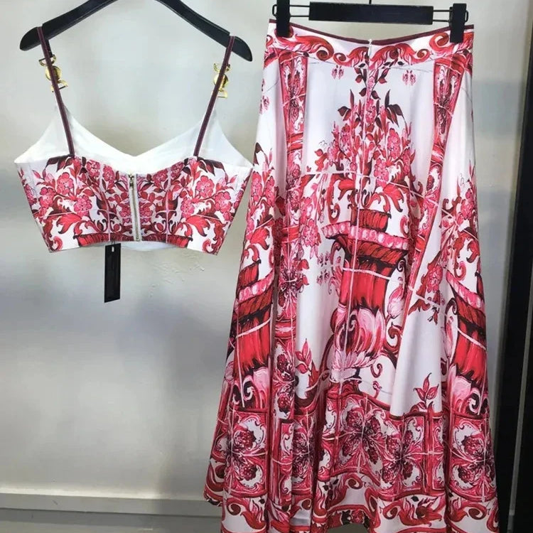 Summer Holiday Blue And White Porcelain Two Piece Set Women's Spaghetti Strap Padded Cup Zipper Print Short Top+Long Skirt Suits