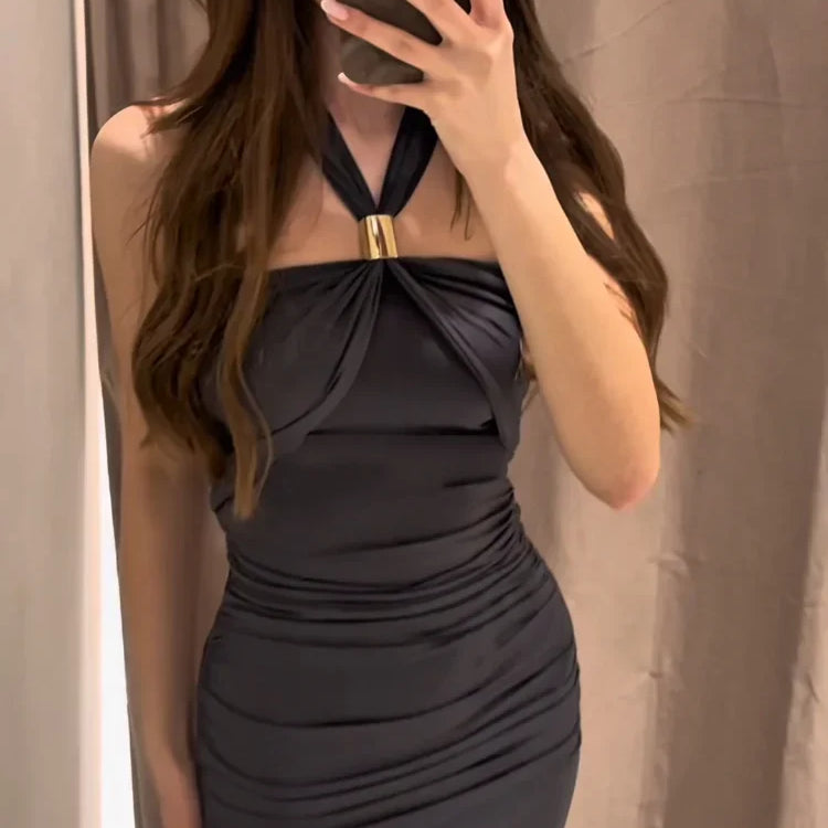 Elegant Sleeveless Backless Solid Color Midi Vestidos Woman Fashion Metal Ring Pleat Long Dresses New Summer Slim Fit Lady Robes