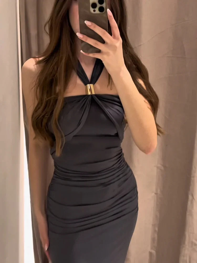 Elegant Sleeveless Backless Solid Color Midi Vestidos Woman Fashion Metal Ring Pleat Long Dresses New Summer Slim Fit Lady Robes