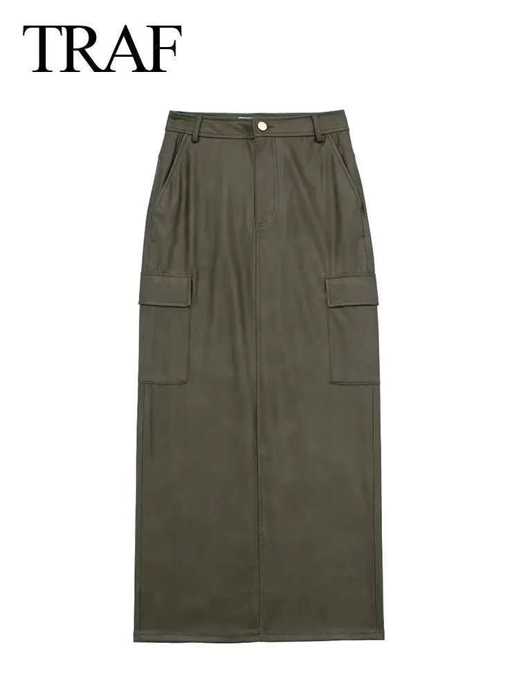 Women Fashion Skirts Spring And Summer Trend Imitation Leather Loose Long Skirt Woman Casual With Pockets Women's Skirts