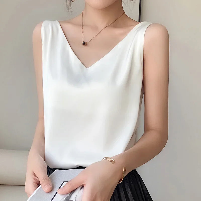 Ice Silk Camisole Women's V-neck Tops White Satin Camis Mulberry Summer Ladies' Crop Top Women Solid Blouse Vest White