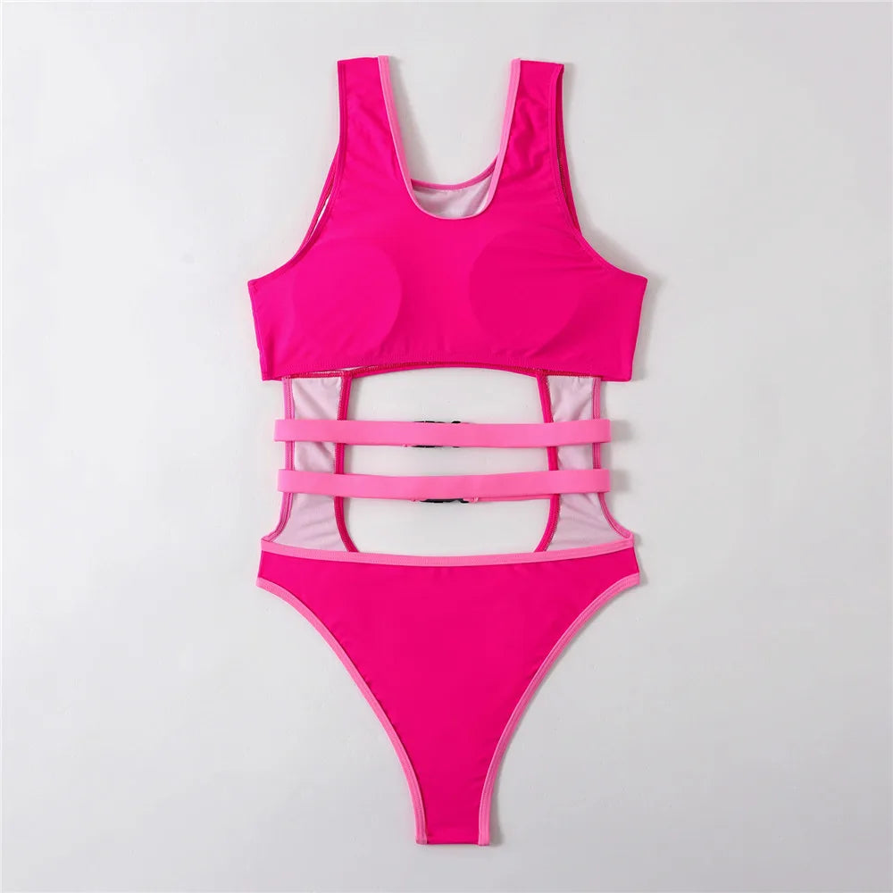 Sexy Rose Red Cut Out Monokini Swimsuit One Piece Swimwear Woman Bandage Bathers High Cut Bathing Swimming Suit for Women