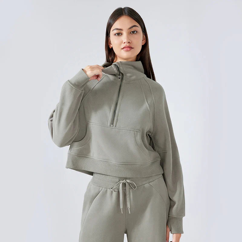 Autumn New Half Zipper High Stand Collar Pullover Top for Women's , Warm and Fleece Thick Sports Hoodie for External Wear