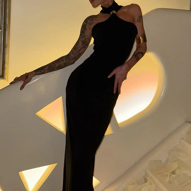 Mozision Turtleneck Off-shoulder Sexy Knit Maxi Dress For Women Gown Metal Buckle Strapless Sleeveless High Waist Knitted Dress