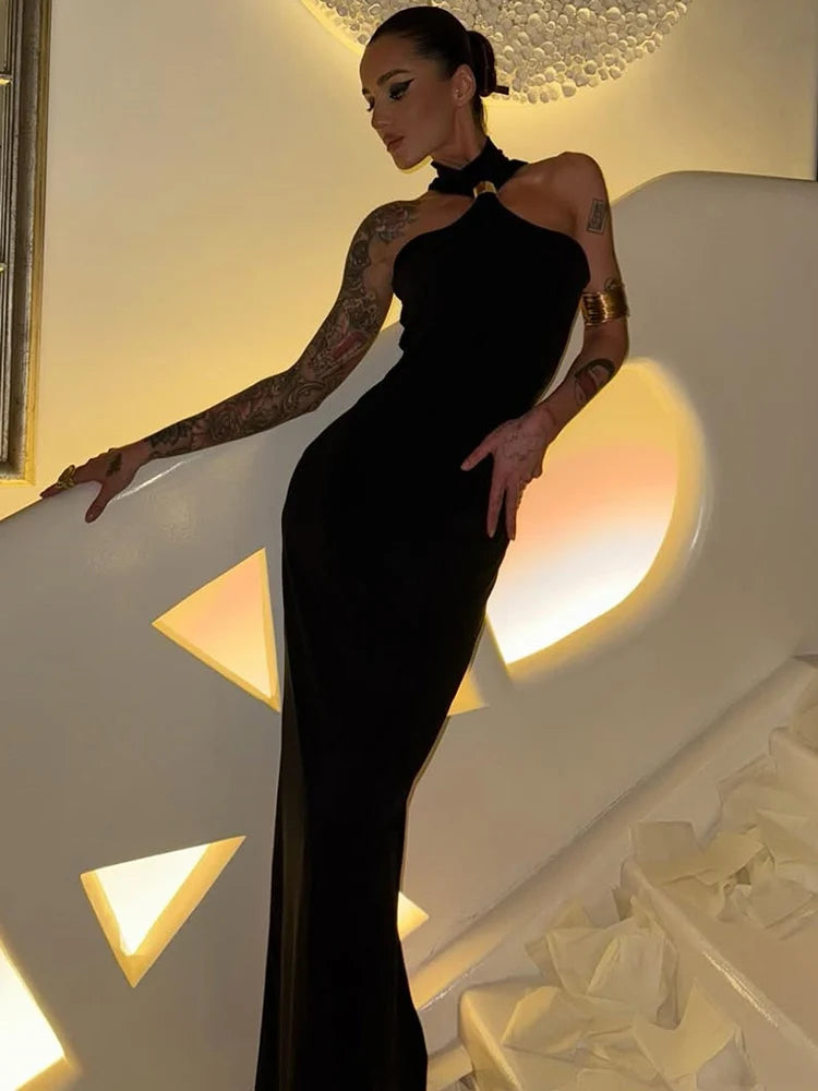 Mozision Turtleneck Off-shoulder Sexy Knit Maxi Dress For Women Gown Metal Buckle Strapless Sleeveless High Waist Knitted Dress