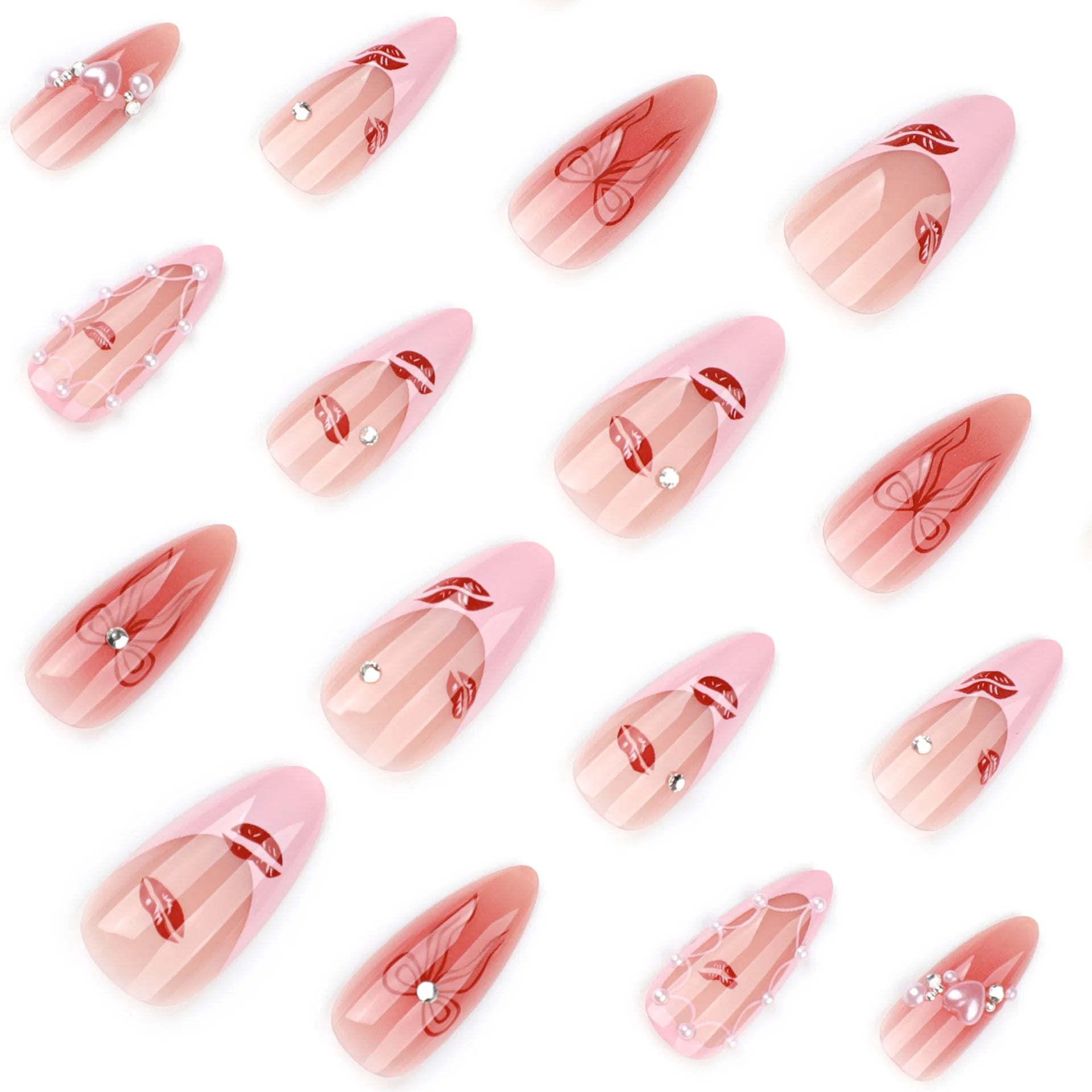 24pcs Sweet Pink Press on Nails with Bow Lipstick Print French Fake Nail Tips Wearable Detachable Ins Simple Korean False Nails