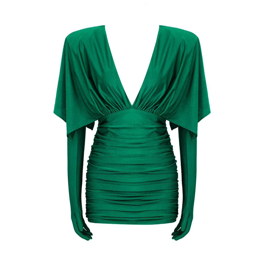 Fashion Streetwear Women'S Dress For Special Event Sexy V Neck Draped Design Green Slim Thin Mini Dress With Gloves green