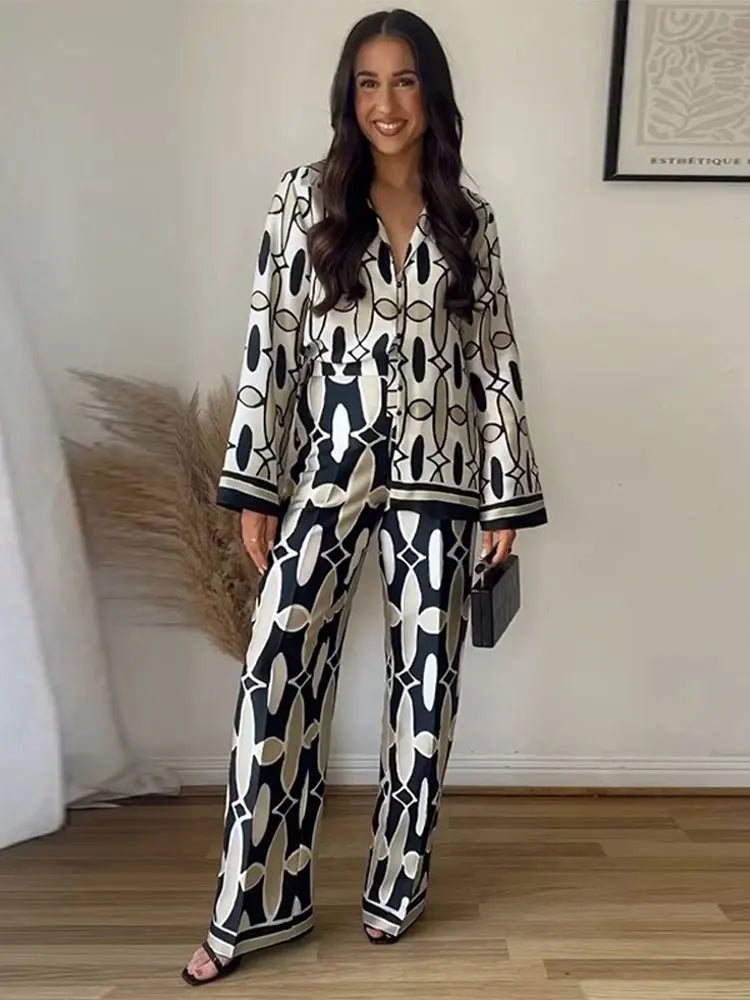Fashion Print Sequin Shirt 2 Piece Sets For Women Loose Lapel Long Sleeves Top Wide Leg Pants Suits Lady Elegant Outfits Suit 2