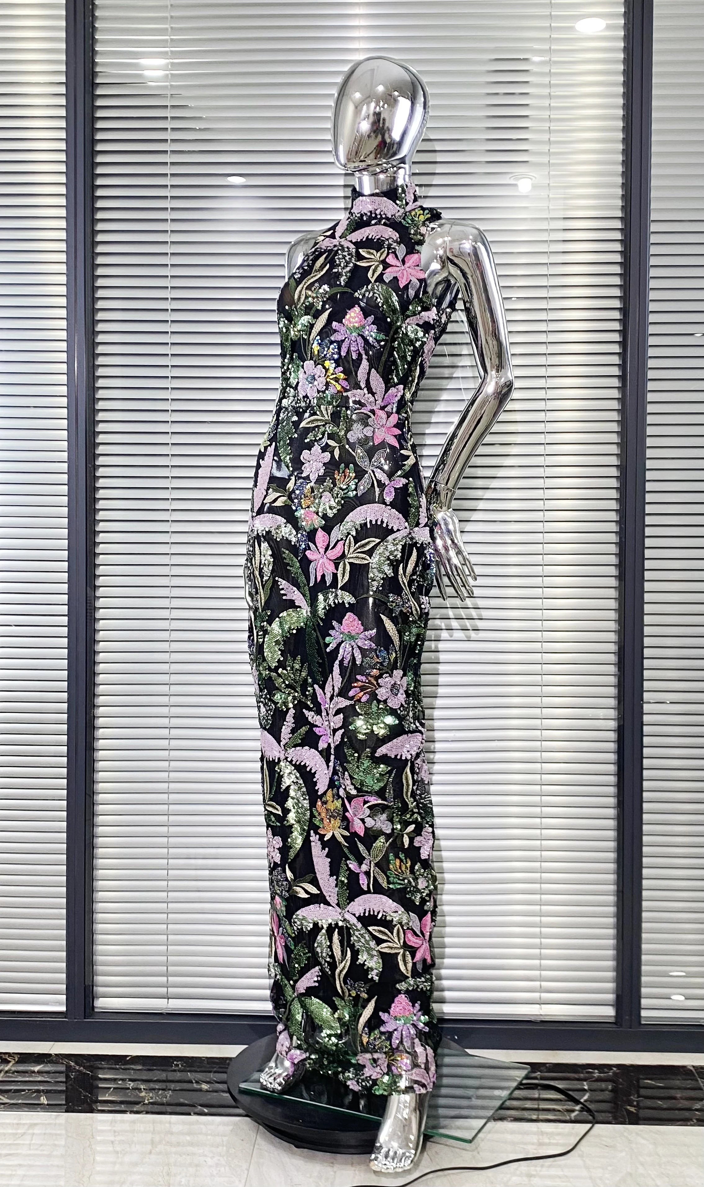 2024 Sequin Flowers Embroidery O-Neck Sleeveless Sheath Ankle Length Dress Gracful Woman Evening Dress Celebrity Party Outfit