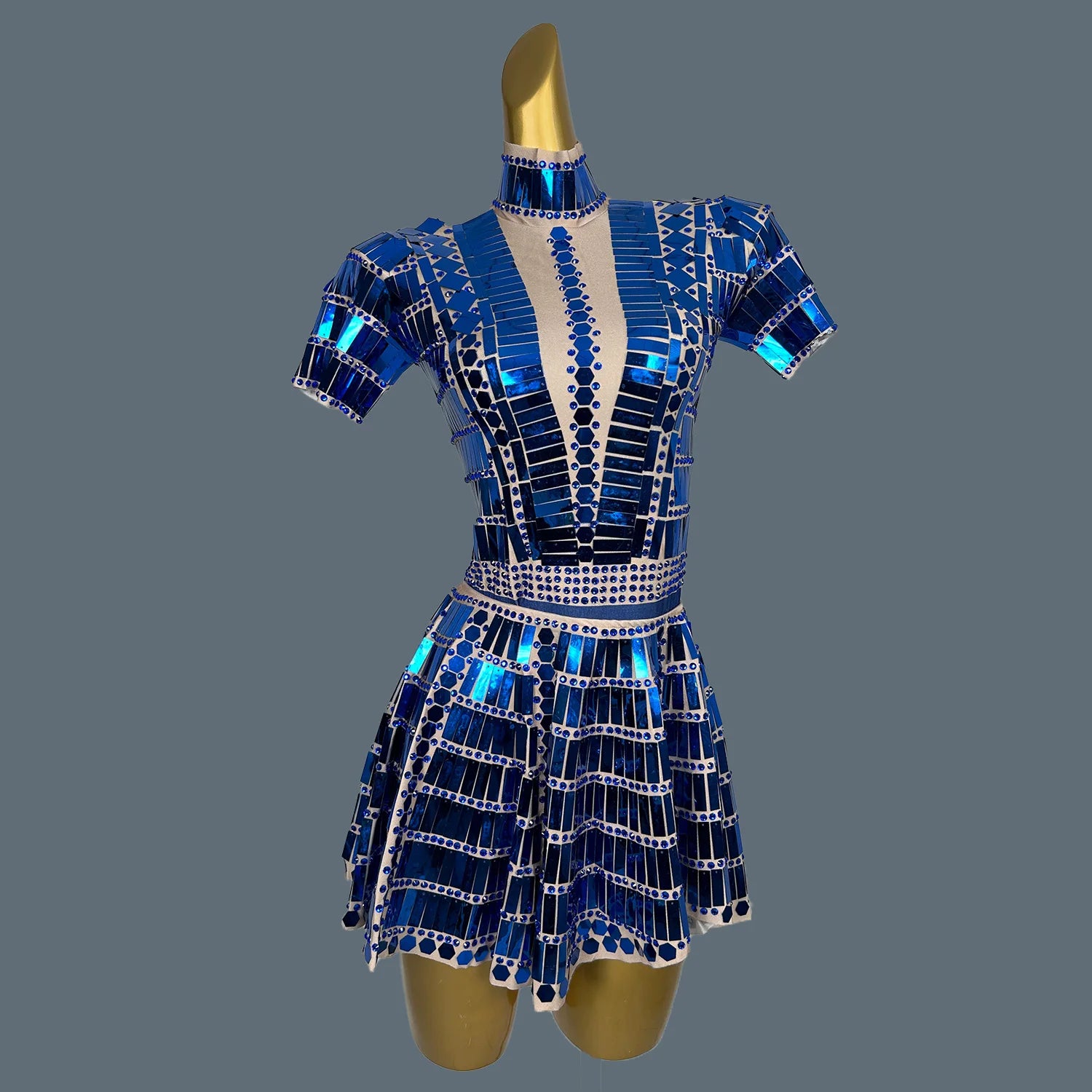 Women's Stage Show Bodysuit Mini Skirt 2Pcs Set Nightclub Dance Costume Birthday Party Shine Sequins Singer Wear Lianghuanghuang Blue