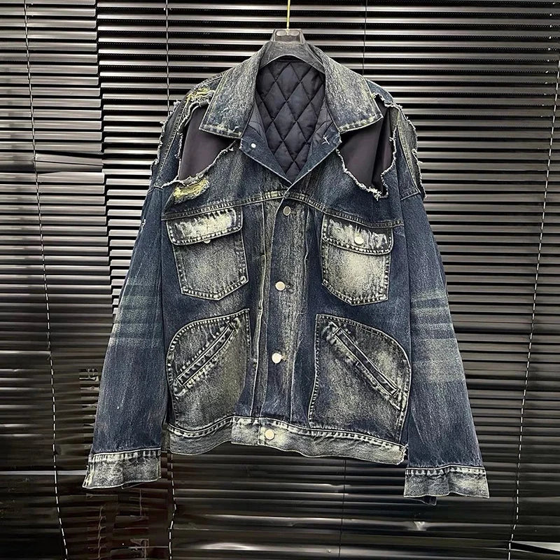 Autumn Winter New Distressed Layered Design Irregular Quilted Denim Coat For Women Streetwear Style Jacket 11A07891 Picture Color