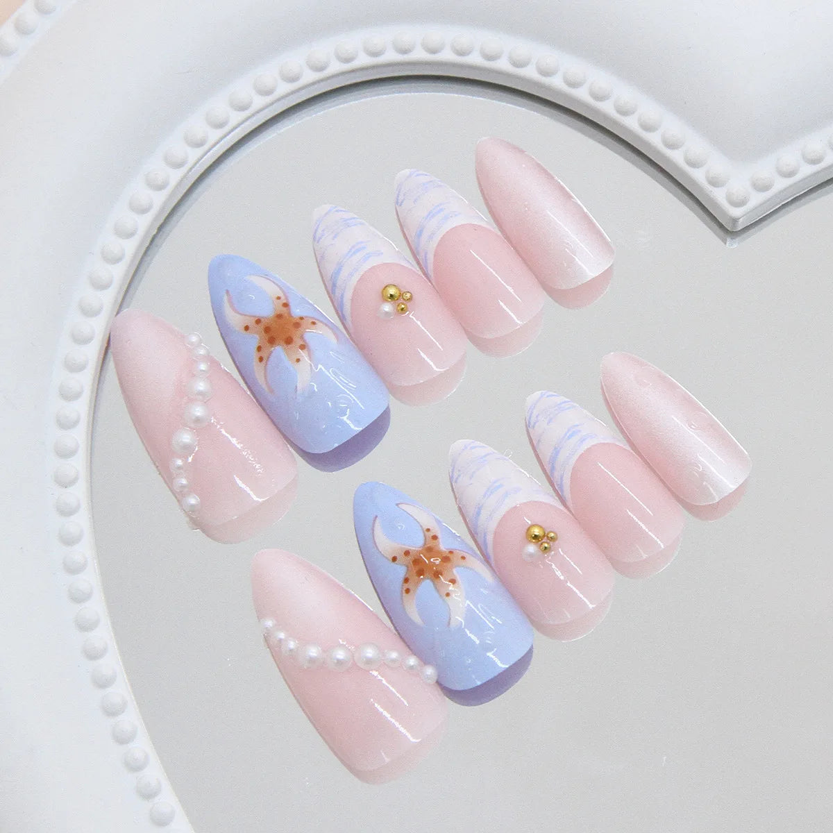 24pcs Dark Blue Press on Nails Starnight Swan Print Sweet Cool False Nails for Girl Wearable Reusable Almond Fake Nail Tips 3