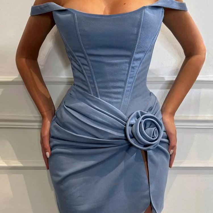 Flower Denim Mini Dress For Women Fashion Strapless Backless Ruched Dresses Femme Sleeveless Skinny Sexy Dress