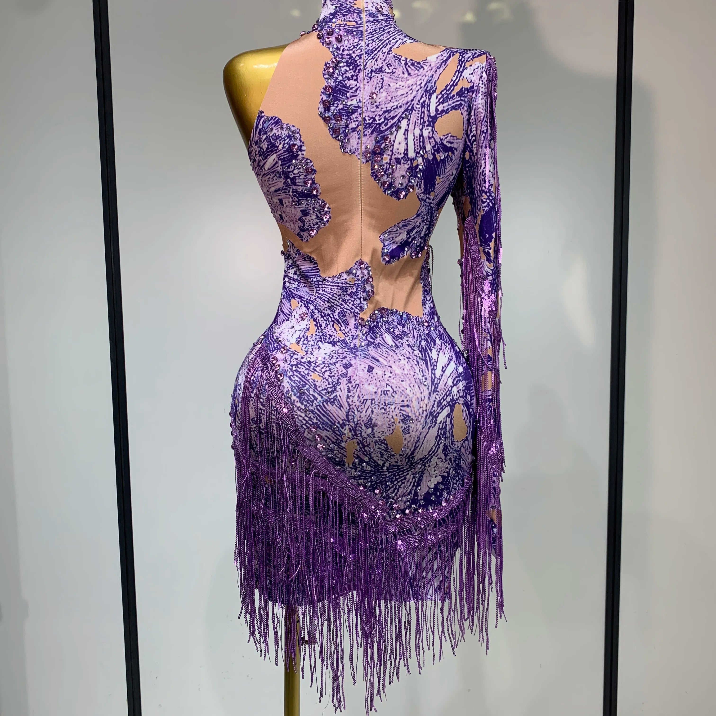 Sexy Sparkly Purple Rhinestones Tassel One Shoulder Sleeve Mini Dress Evening Party Birthday Nightclub Stage Performance Outfit
