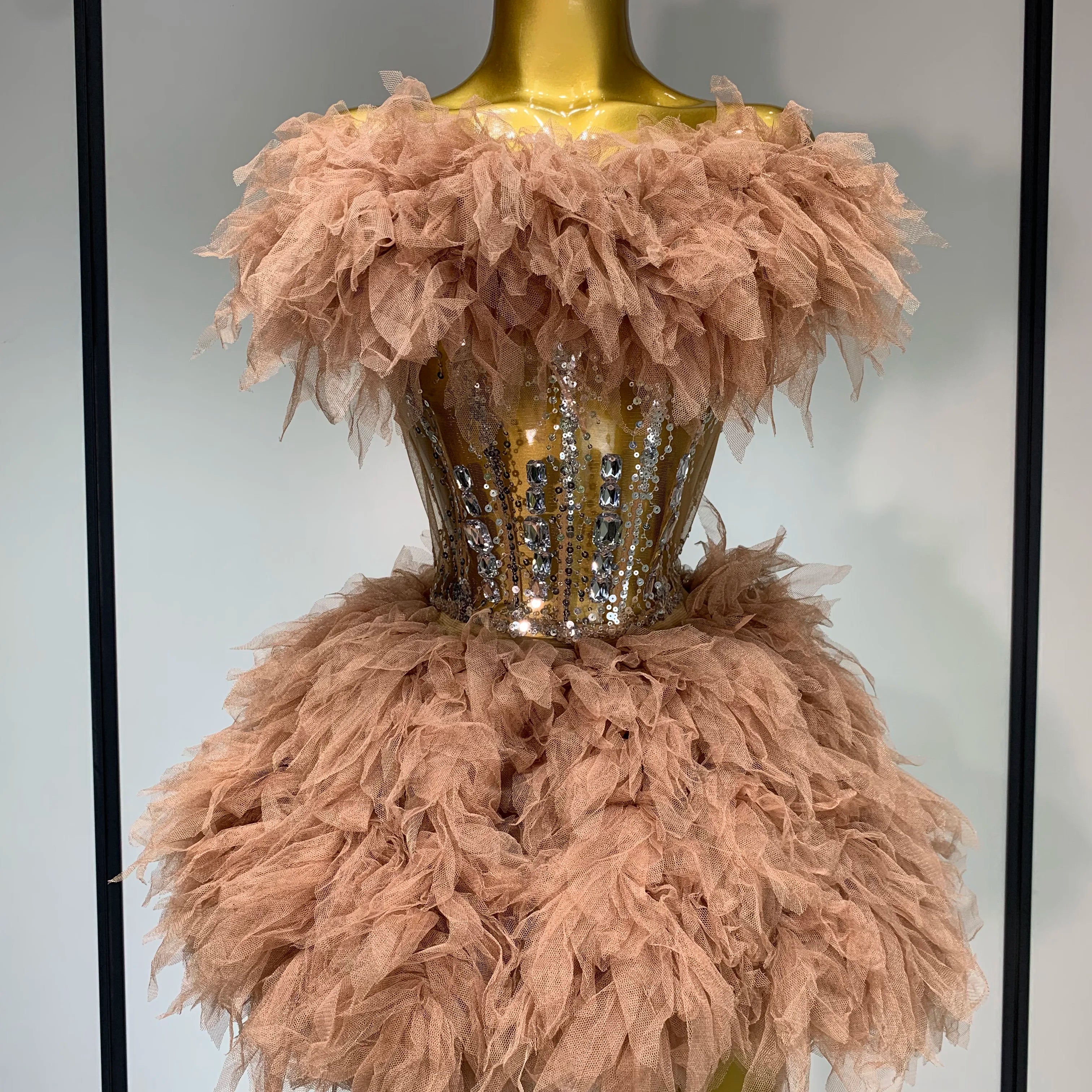 Sexy Strapless Red Mesh Two Pieces Set Singer Nightlcub Party Stage Outfit Photo Shoot 2025 Prom Gown Luxury Birthday Dresses Light Brown