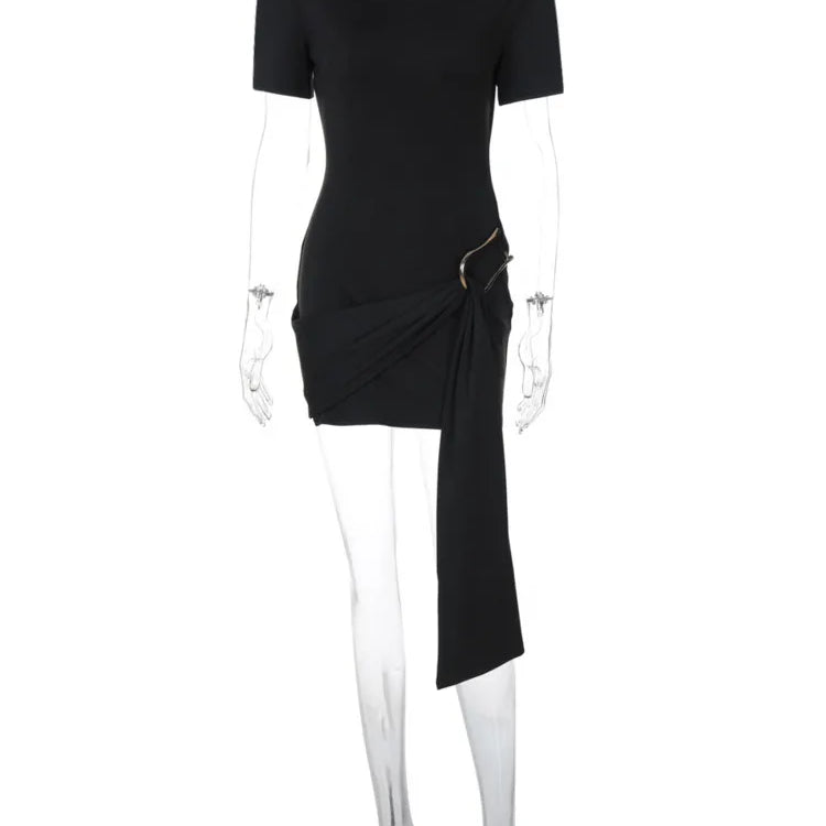 Short Sleeve Draped Sexy Mini Dress For Women Black Metal Buckle O Neck High Waist Bodycon Club Dress Vestido Clothes