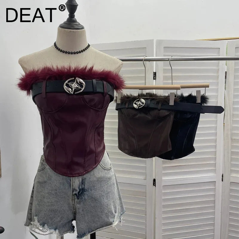 Winter New Fashion Furry Patchwork PU Leather Belt Tank Top Vest For Women Chest Pads Backless Short Tops 11A07915