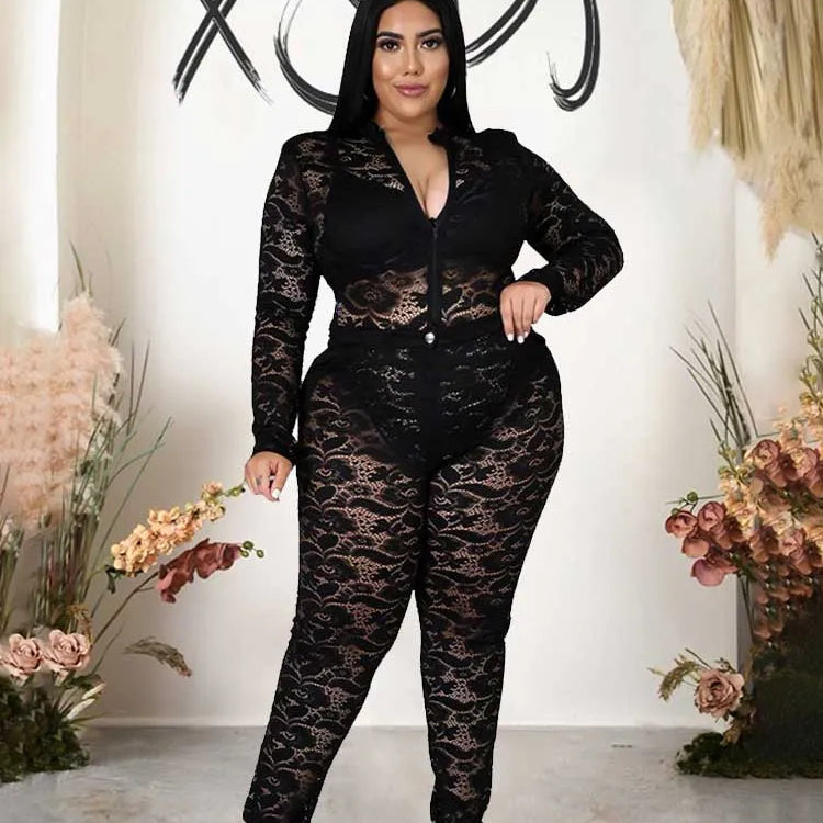 Chic and Elegant Woman Set Night Club Wear Plus Size Women Hot Outfit Transparent Lace Bodysuit and Pants Sexy Festival Outfit