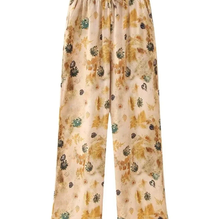 Aonibeier Thin Satin Printed Women Loose Shirt Suits Traf Summer Long Sleeve Casual Blouse Female Wide Pants Sets Y2K