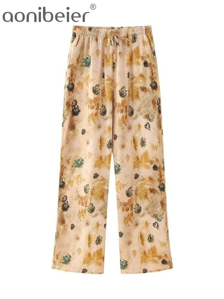 Aonibeier Thin Satin Printed Women Loose Shirt Suits Traf Summer Long Sleeve Casual Blouse Female Wide Pants Sets Y2K