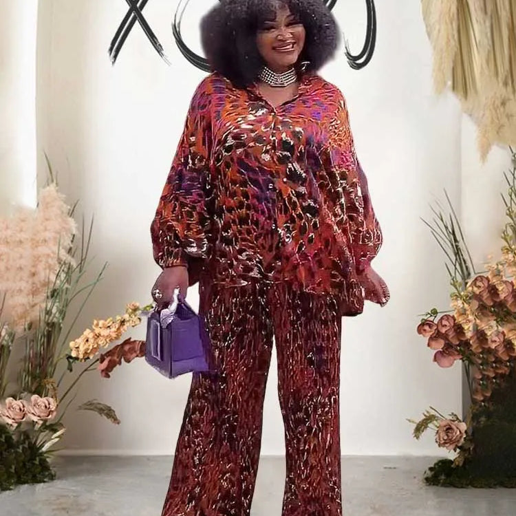 African 2 Piece Sets Women Outfit Loose Casual Long Top Shirt and Pant Set Autumn Plus Size Matching Sets Pleated Trouser Suit