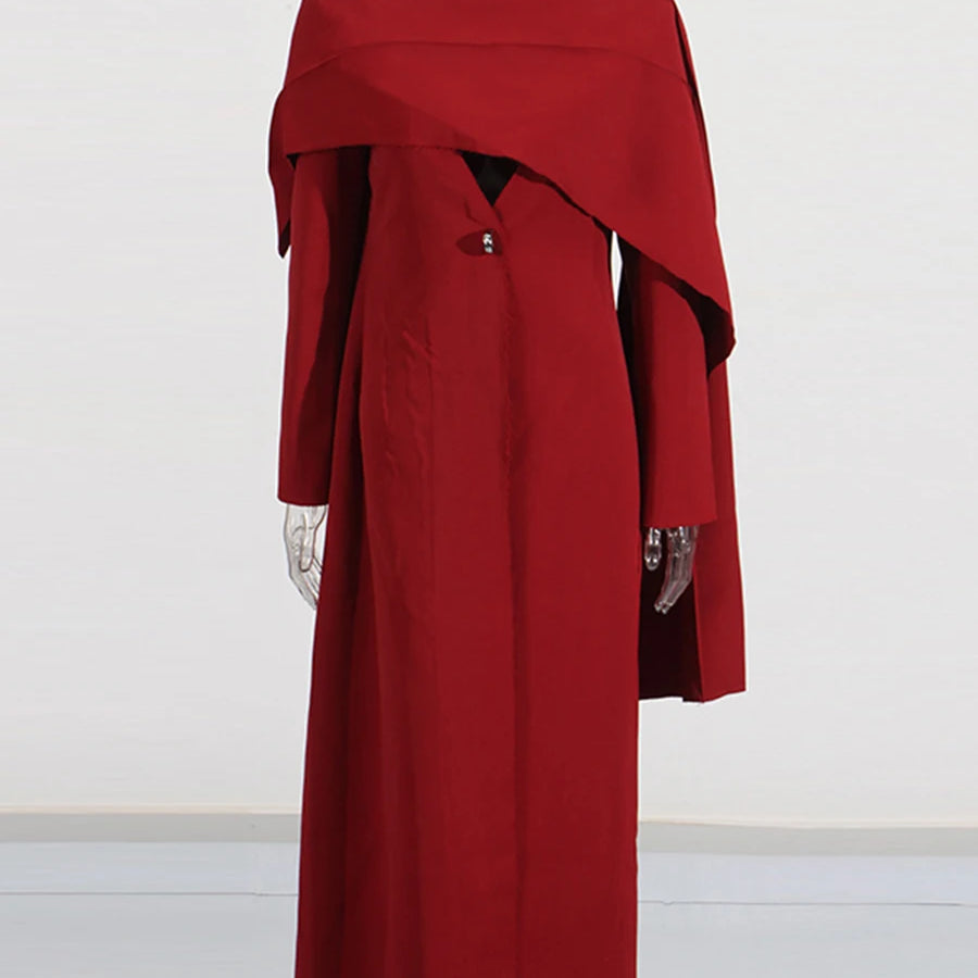 Solid Slimming Spliced Button Minimalist Jackets for Women V Neck Long Sleeves Patchwork Cape Jacket Female Fashion RED