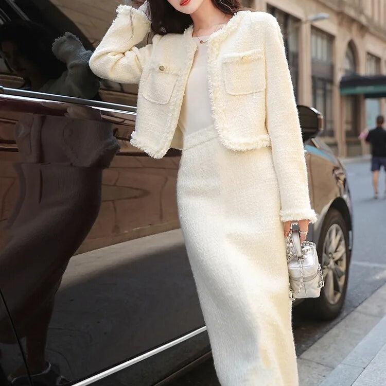 Tweed jacket + Skirt Suit White fashion Professional Set slimming new Women's Suit Autumn/Winter White 2-Piece Set