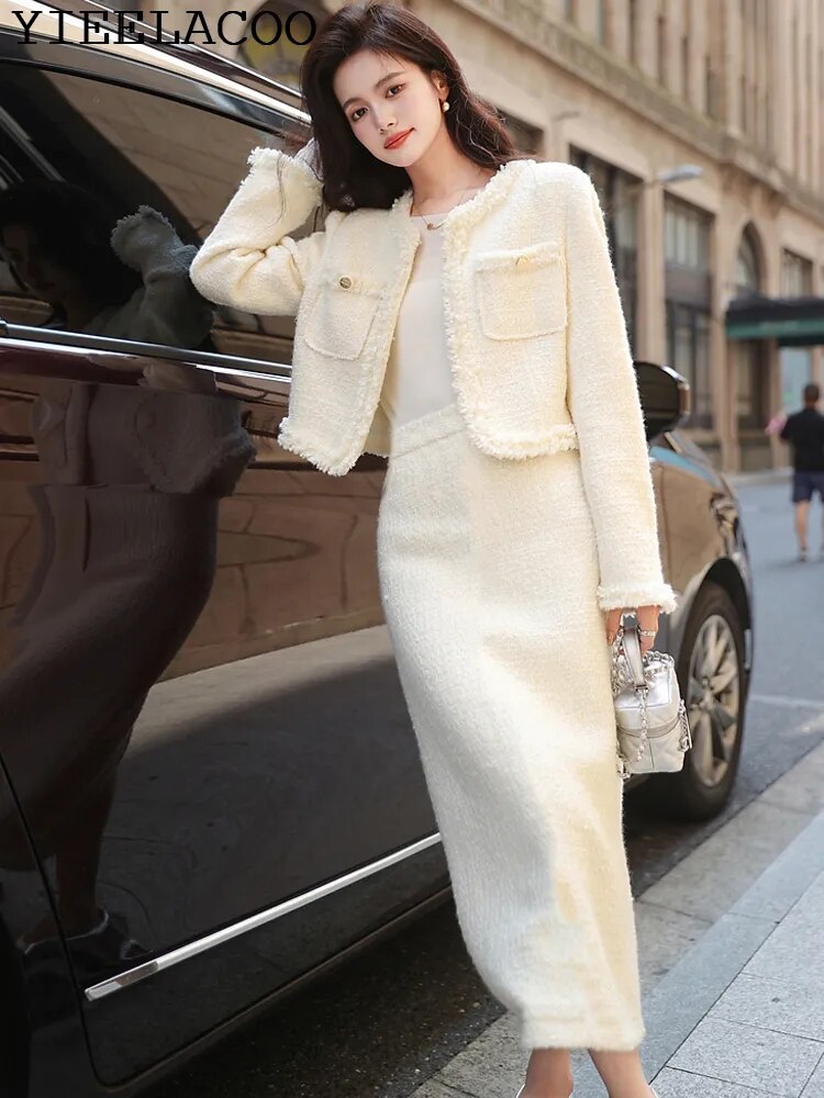 Tweed jacket + Skirt Suit White fashion Professional Set slimming new Women's Suit Autumn/Winter White 2-Piece Set