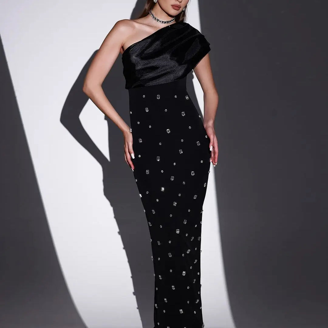 Rosered Black Color Women Sexy One Shoulder Shinning Crystal Bodycon Bandage Long Dress Celebrate Fashion Evening Party Outfit black