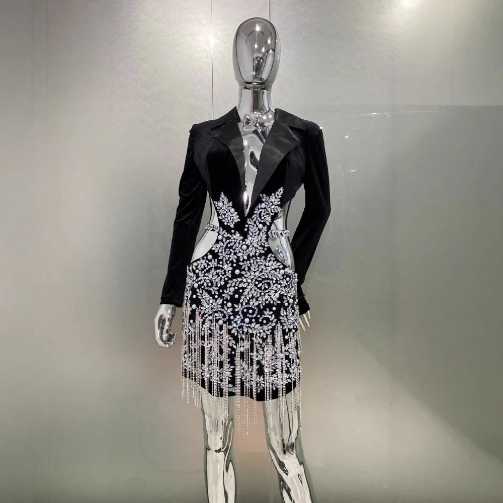 Slimming Hollow Out Spliced Diamond Luxurious Dresses for Women Lapel Long Sleeve Patchwork Tassels Dress Female BLACK