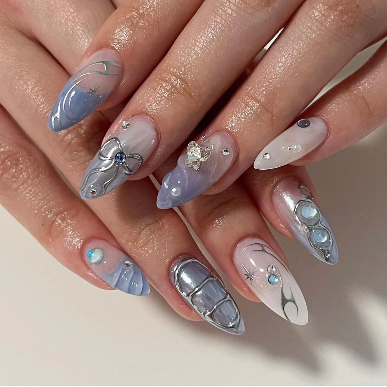 24Pcs 3D Bow French Press on Nails Set with Almond Design Long Stiletto Y2k Fake Nail Art Blue Wearable French False Nails Tips 3123