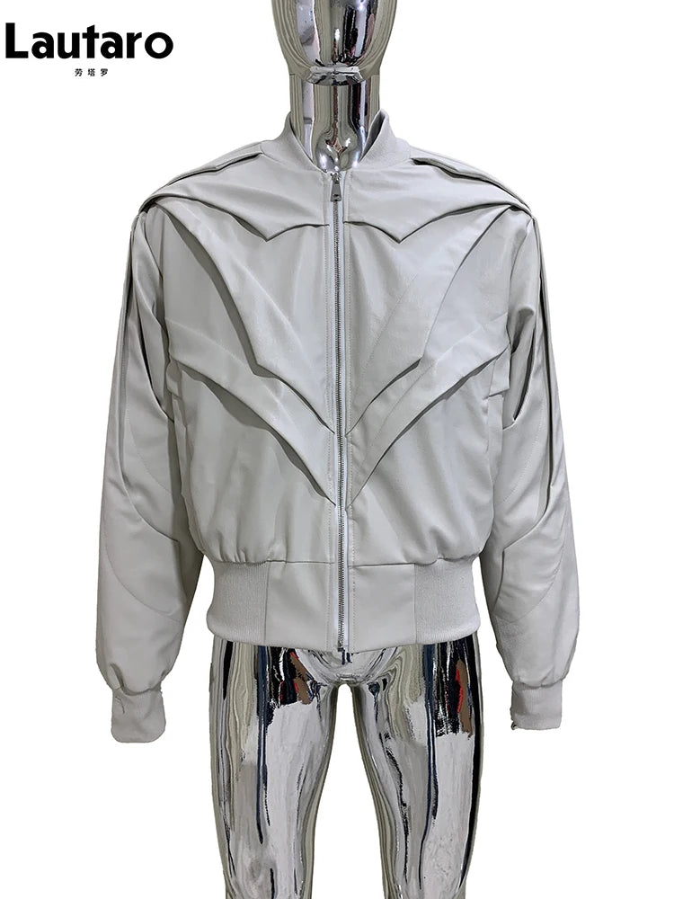 Mauroicardi Autumn Winter Short Matte Pu Leather Bomber Jacket Men Long Sleeve Luxury Designer European Fashion Emo Clothes 2025 Milky