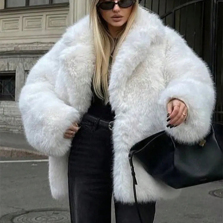 HH Women Fashion Lapel Faux Fur Jackets Elegant Solid Long Sleeves Oversized Coats 2025 Female Winter Fuzzy Warm Outerwear