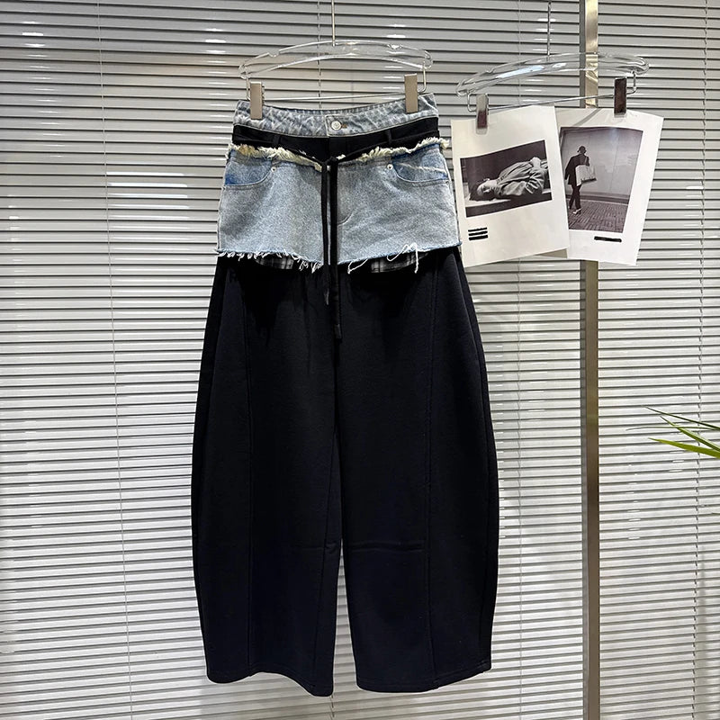 Winter New Fashion Frayed Denim Skirt Patchwork Design Fleece Lined Scimitar Pants For Women Casual Pant 11A07715 Black