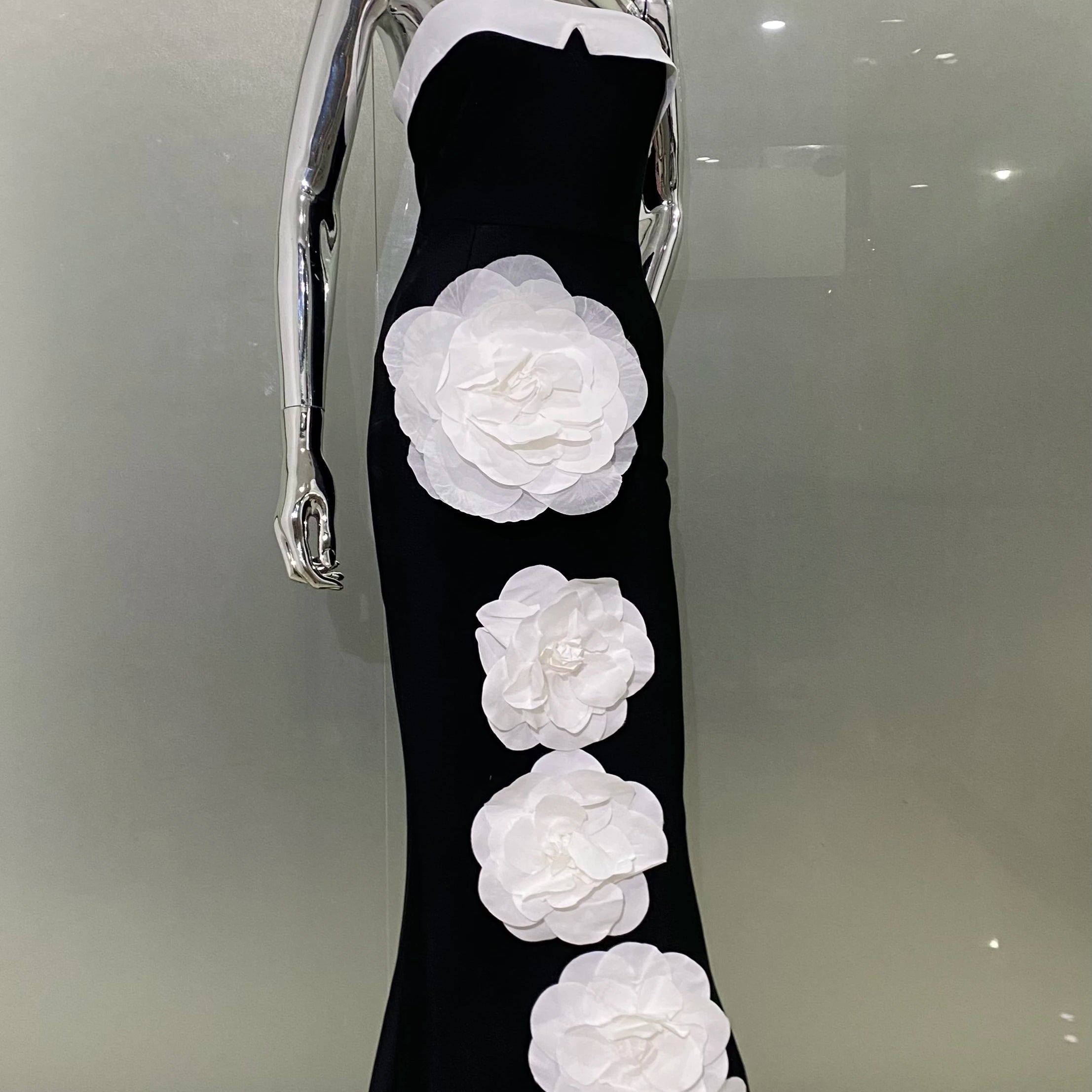 Women Sexy Strapless Bodycon Long Bandage Dress White Florals Elegant Evening Party Celebrate Birthday Dress