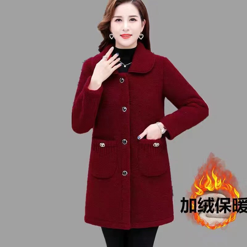 Winter Middle-Age Elderly Women's Clothing Thicken Imitation Lamb Wool Coat Mother's Mid-Length Granular Velvet Coat XL-6XL Burgundy