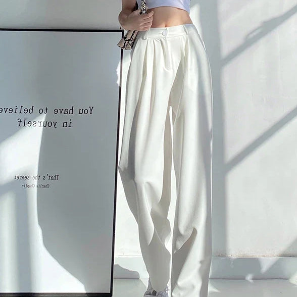 Summer Ice Silk Wide Trousers for Women Loose White Thin Straight Pants Elegant Office Women Baggy Stacked Pants Sweatpants White