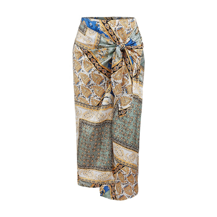 ZAFUL Bandana Paisley Print Tie Midi Sarong-style Skirt Zipper Fly for Women Daily Vacation ZF495489601 Multi B