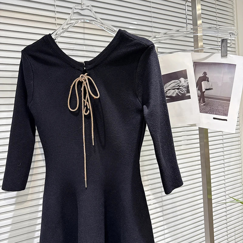 Winter New Elegant Fashion Back Rhinestone Tie Waist Design Knitted Dress For Women Slim Fit Black Dresses 11A07899