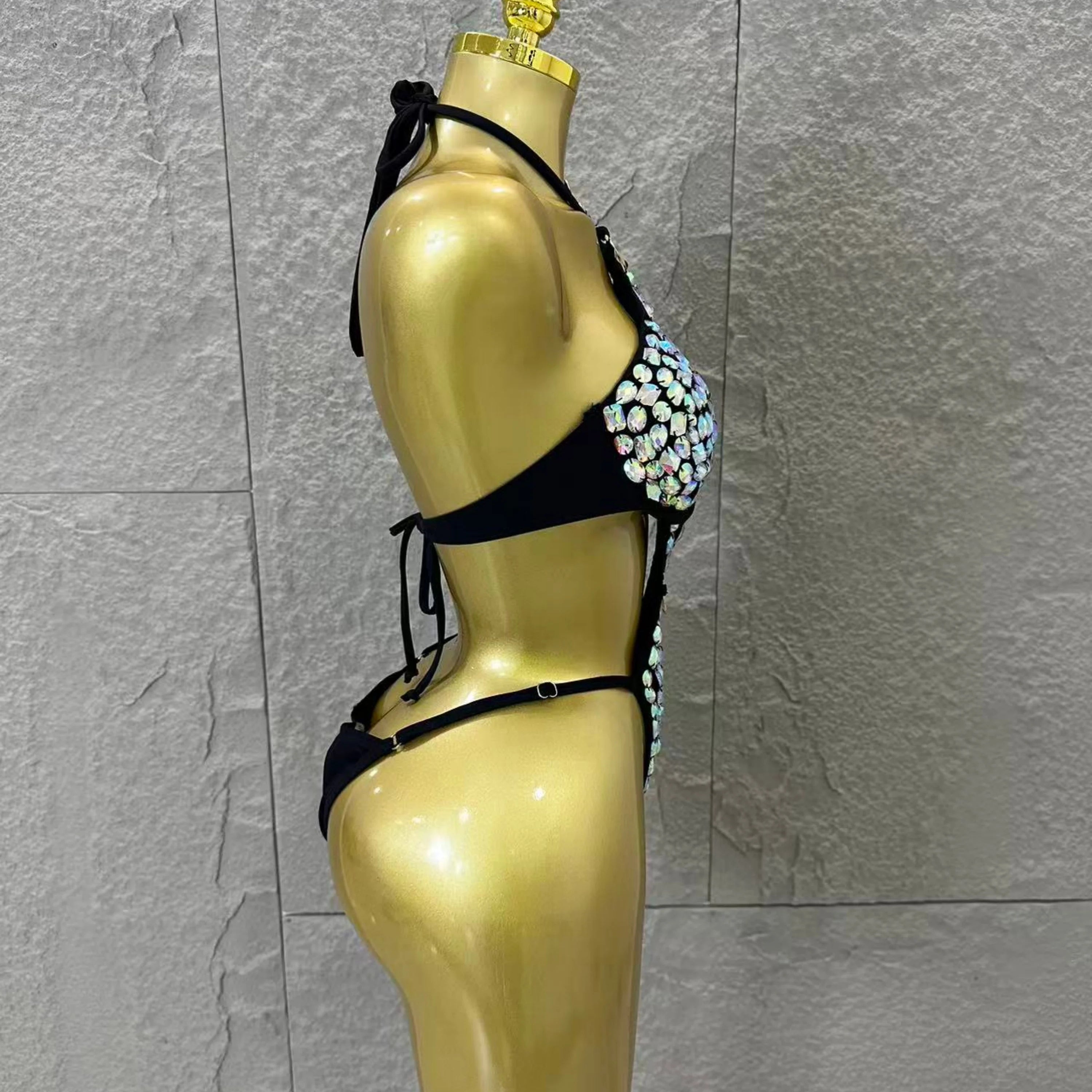 Women Sexy 2026 Luxurious Black Bodysuit Halter Neck Iridescent Crystal Embellished Cutout Outfit Stage Performance Costume