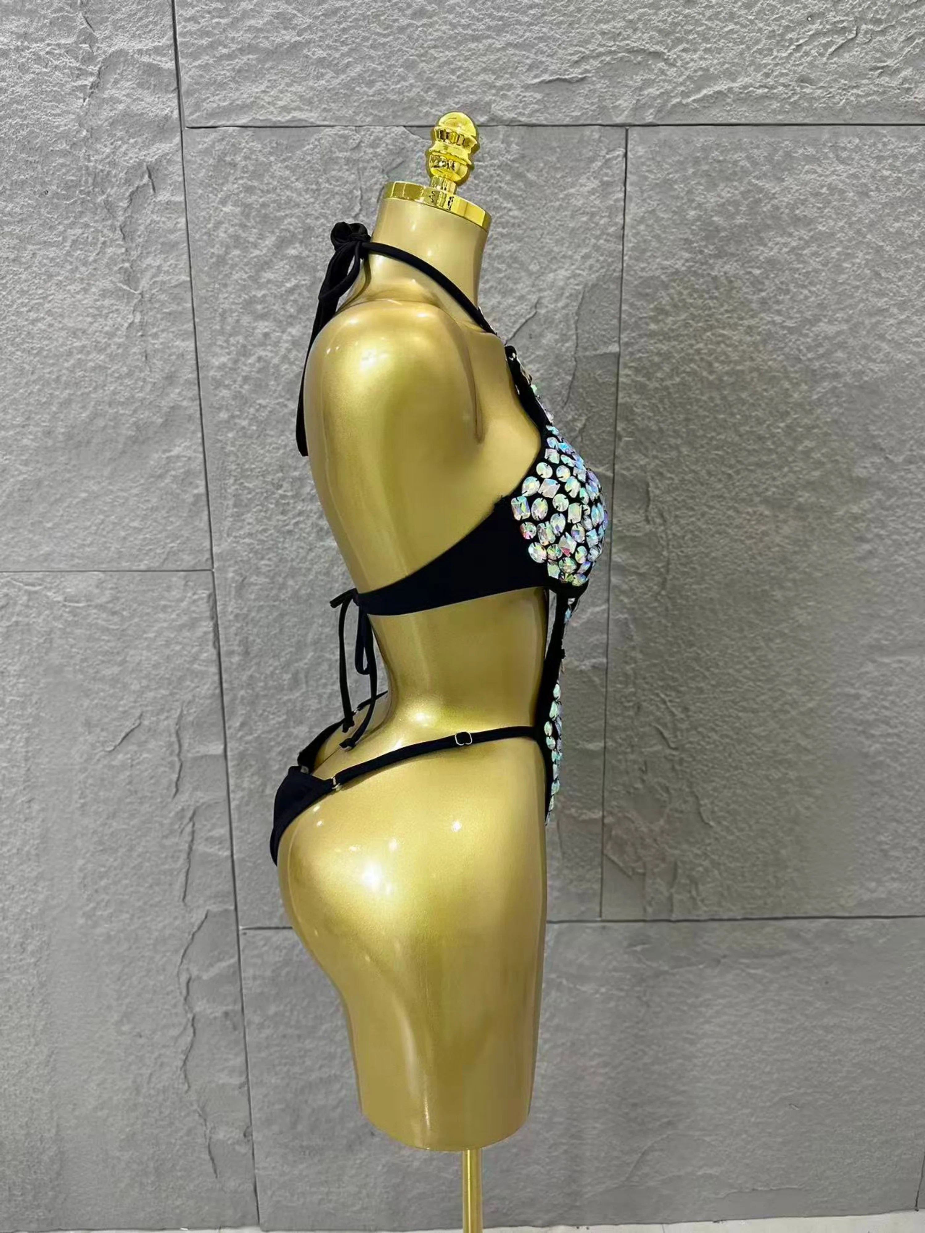 Gold Luxurious Black Bodysuit Women Sexy Halter Neck Iridescent Crystal Embellished Cutout Outfit Stage Performance Costume