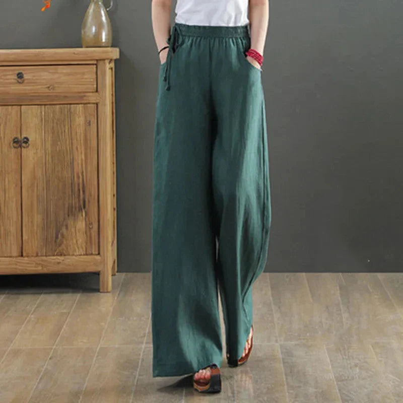Cotton Linen Wide Leg Pants 4xl Big Size Trousers Women Summer Elastic Waist Casual Ankle-length Pantalones Baggy Sweatpant green