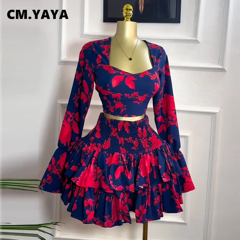 Beach Women Set Street Print Long Sleeve Shirts + Pleated Ruffles Mini Skirts Suits 2025 Party Street Two 2 Piece Sets